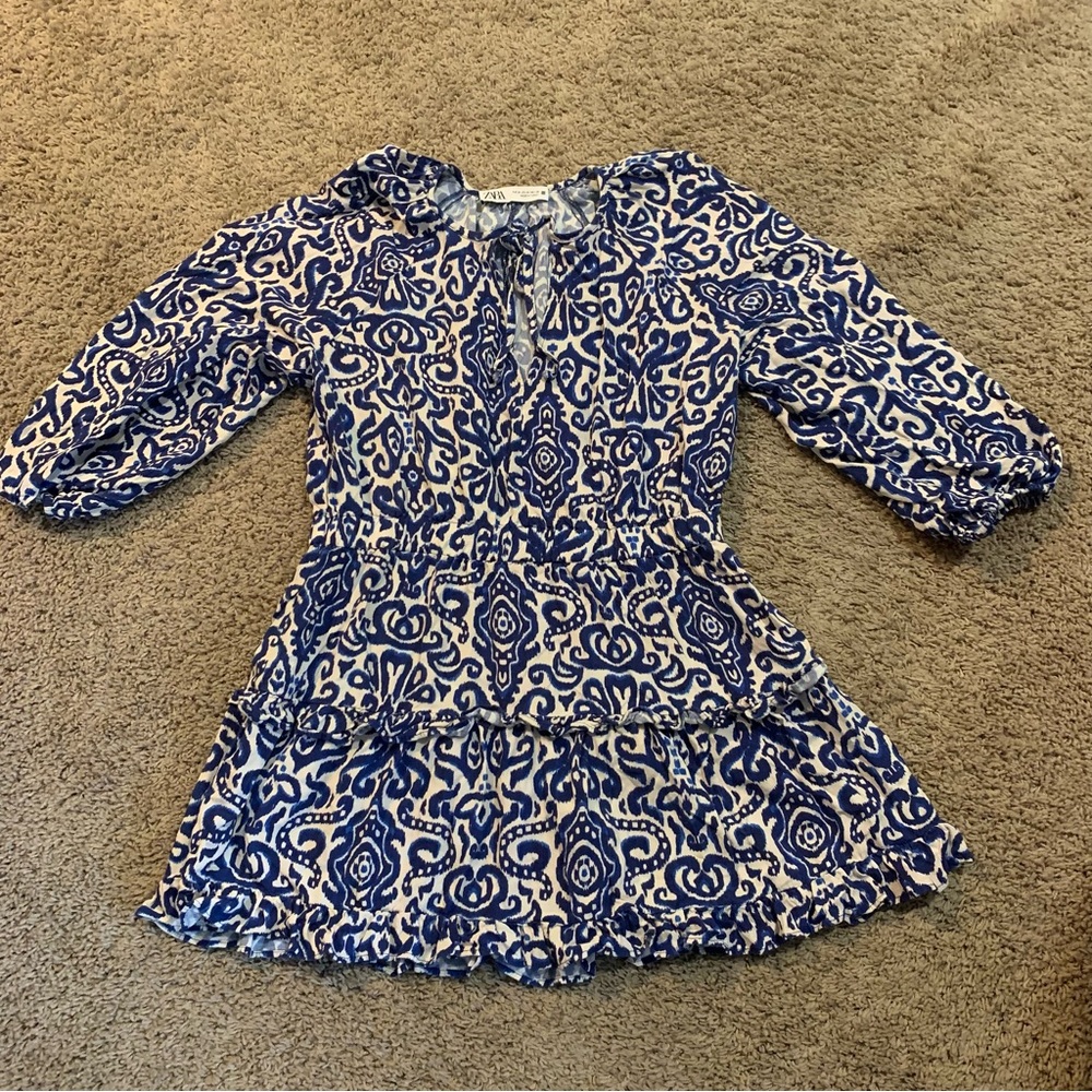 Zara Blue & White Boho Oversized Tunic Blouse Medium